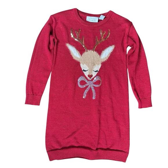 Childrens Place Reindeer Toddler Red Christmas Sweater Dress 4T Sequin Sparkle - Picture 1 of 6